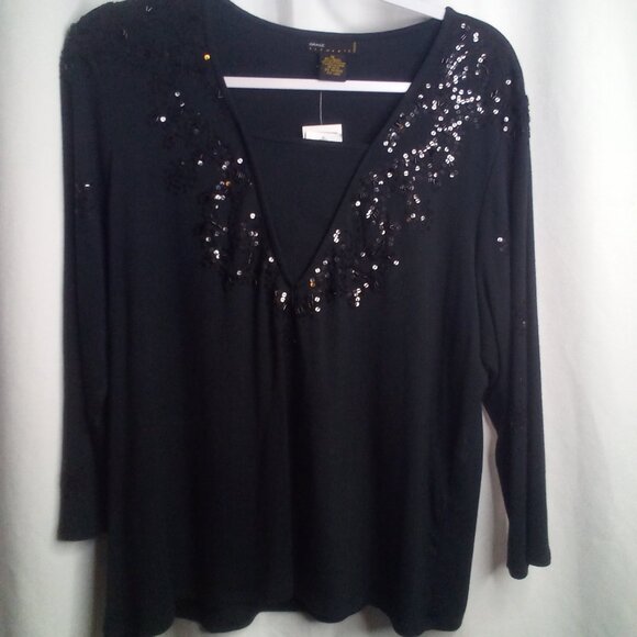 Grace Elements Blouse 1X Women 3/4 Sleeve Beading Sparkle Black - Picture 1 of 14